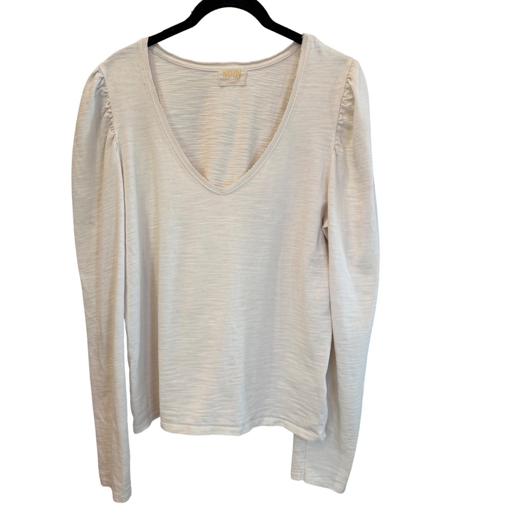 Nation LTD White Slub Cotton V-Neck Puff Sleeve Long Sleeve Top Top Size Small